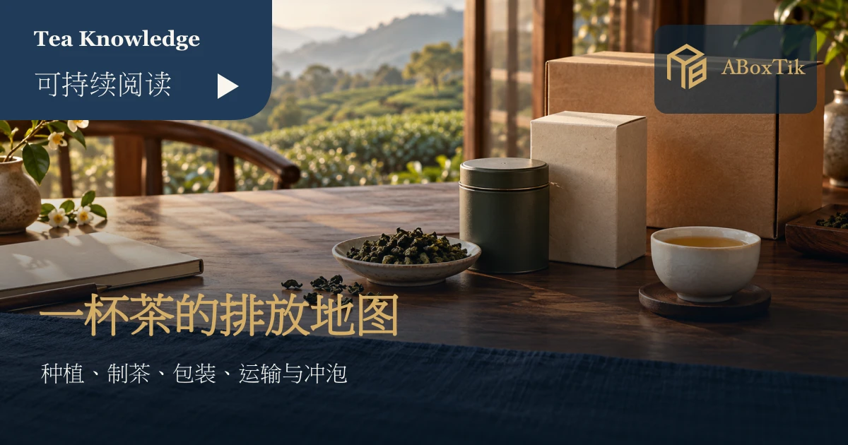 茶叶生命周期主题情境：干茶、素色茶罐、纸盒、运输箱与茶杯