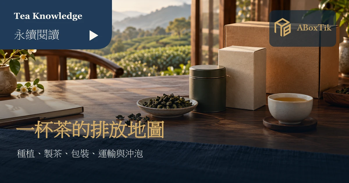 茶葉生命週期主題情境：乾茶、素色茶罐、紙盒、運輸箱與茶杯