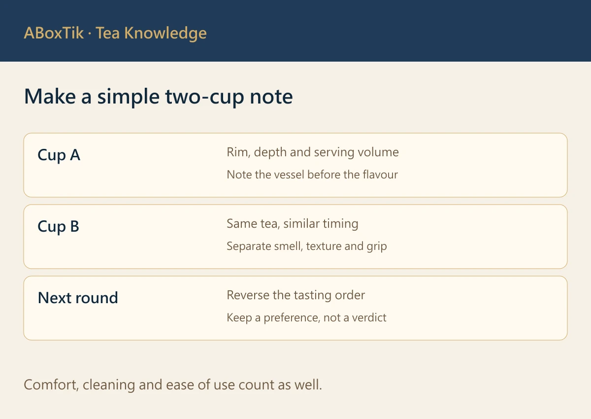 Teacup Shape and Aroma: A Two-Cup Comparison - ABoxTik 一盒精品 3 Two-cup note diagram showing cup A, cup B and reversing the tasting order