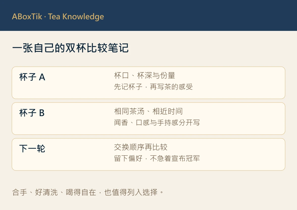茶杯形状会影响香气吗?杯口、杯深与双杯比较 - ABoxTik 一盒精品 3 双杯比较笔记图:杯A、杯B与下一轮交换顺序