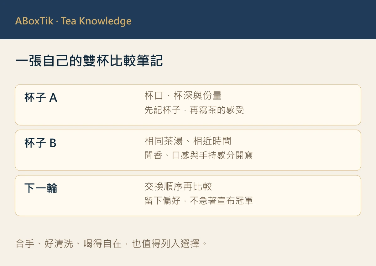雙杯比較筆記圖：杯A、杯B與下一輪交換順序