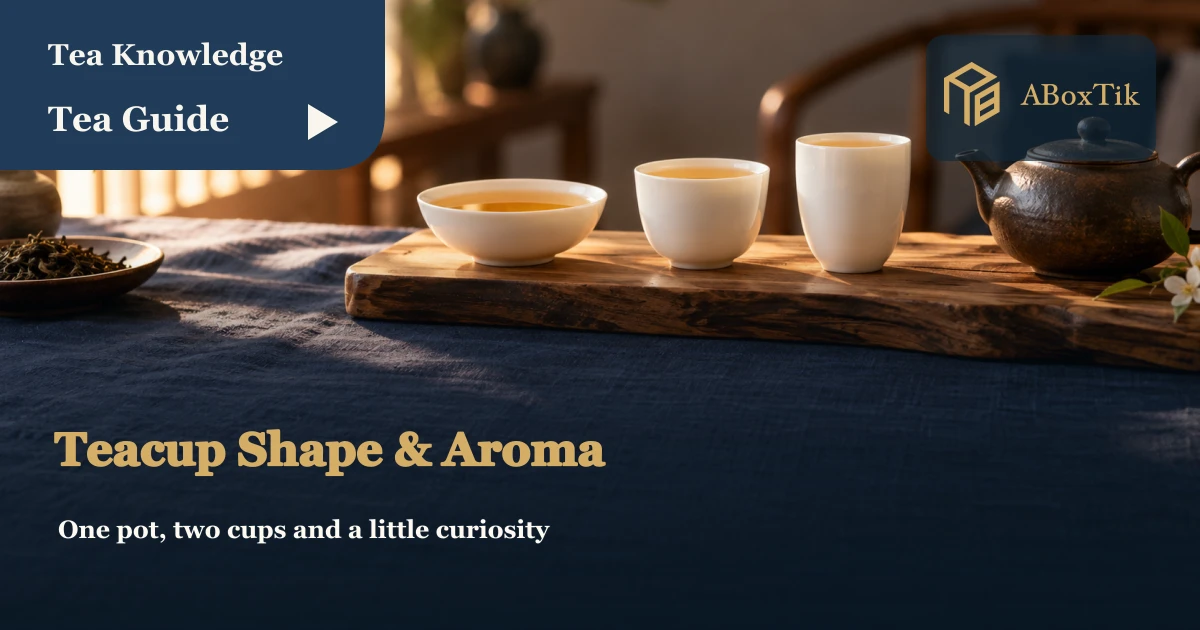 Teacup Shape and Aroma: A Two-Cup Comparison - ABoxTik 一盒精品 1 Three white porcelain cups with different openings and depths, filled with amber tea on a wooden tray