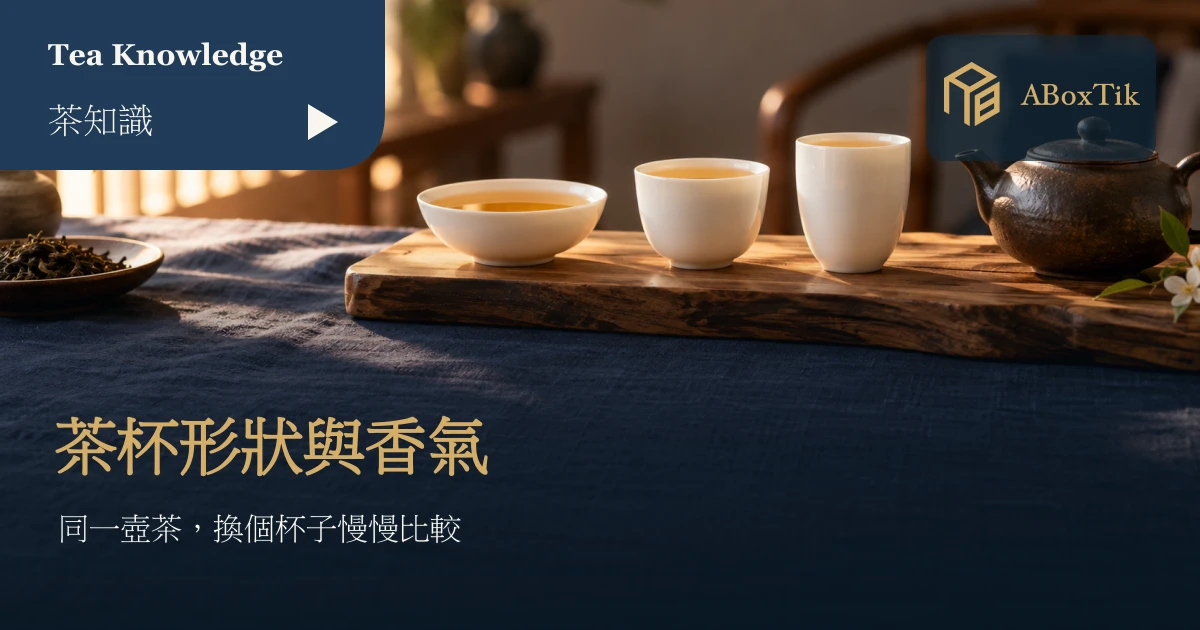 三只不同杯口與杯深的白瓷茶杯盛著琥珀色茶湯，放在木盤上