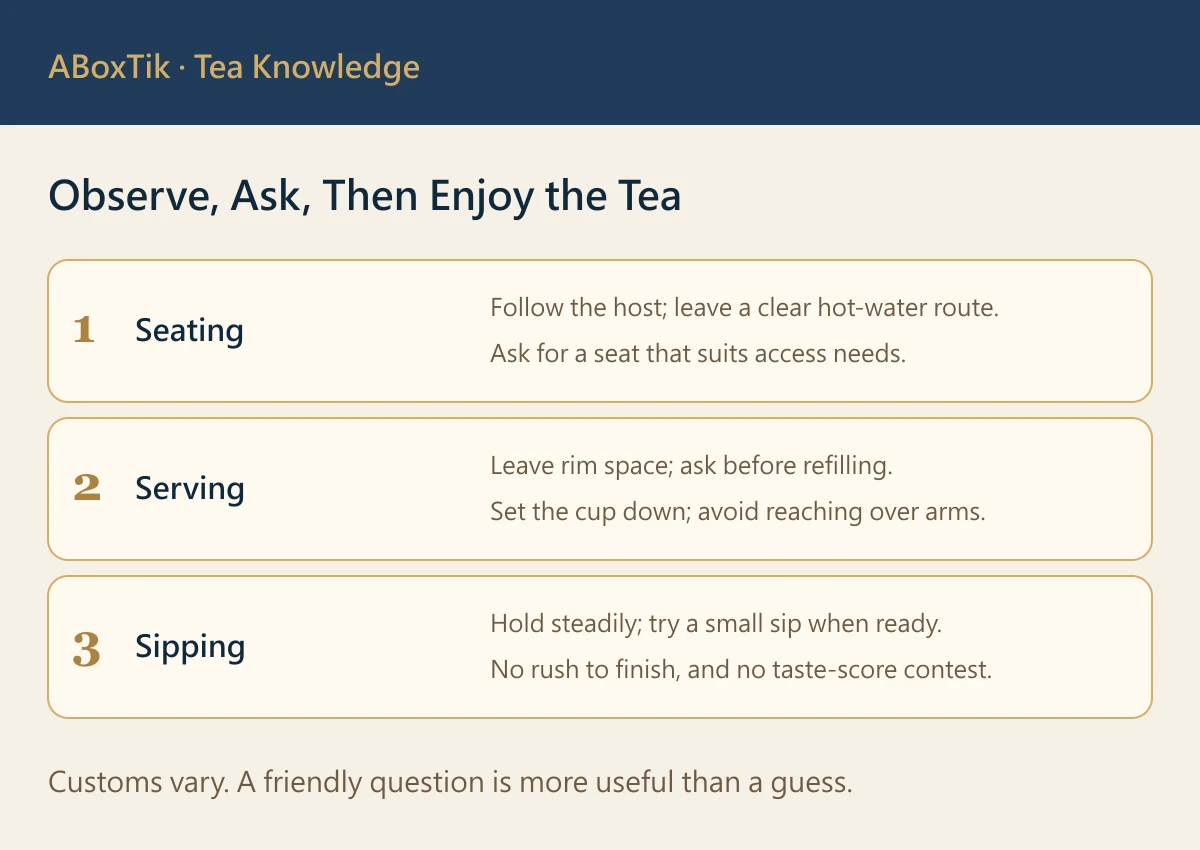 Tea drinking etiquette in three steps: ask about seating, leave space when serving, and sip at a comfortable pace
