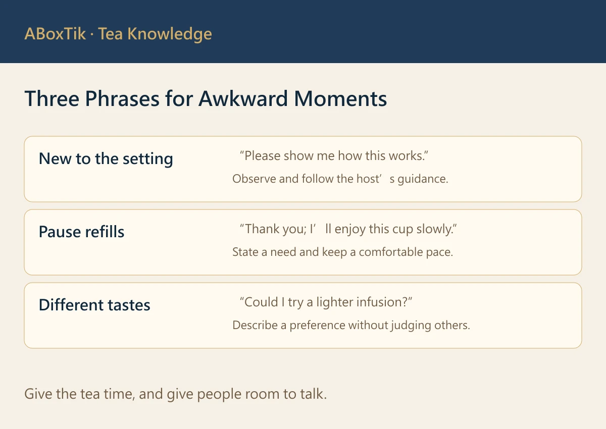 Three tea-table phrases for unfamiliar procedures, pausing refills and requesting a lighter infusion
