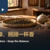 暖色茶席上的干燥乌龙茶、竹盘、茶壶与两杯茶汤