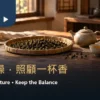 暖色茶席上的乾燥烏龍茶、竹盤、茶壺與兩杯茶湯