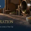 Tea fixation illustration with a tea cup, bamboo basket of leaves and a drum machine in the background