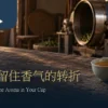 茶叶杀青情境示意：茶杯、茶青竹篮与背景炒青机
