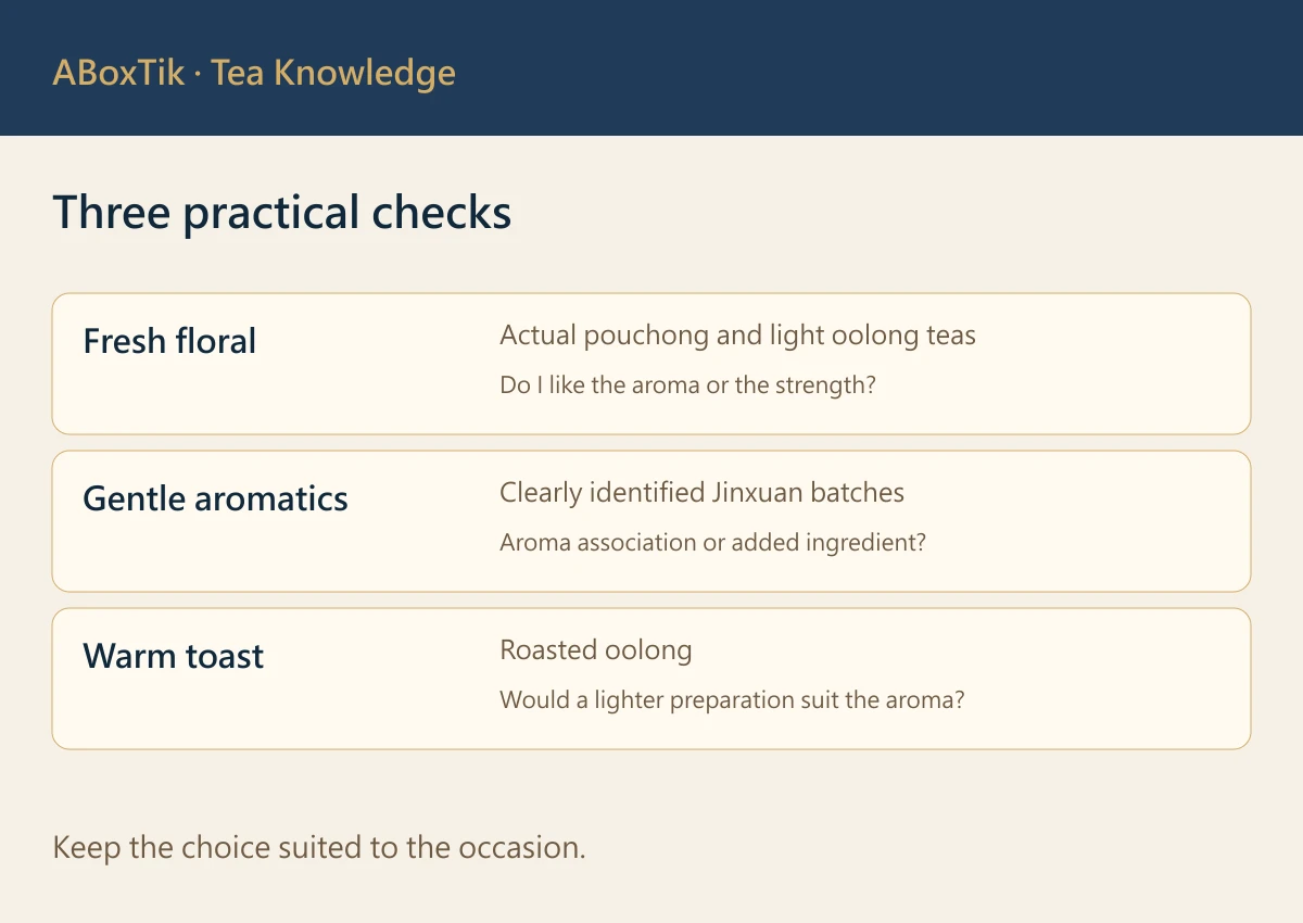 Three practical checks: Fresh floral, Gentle aromatics, Warm toast