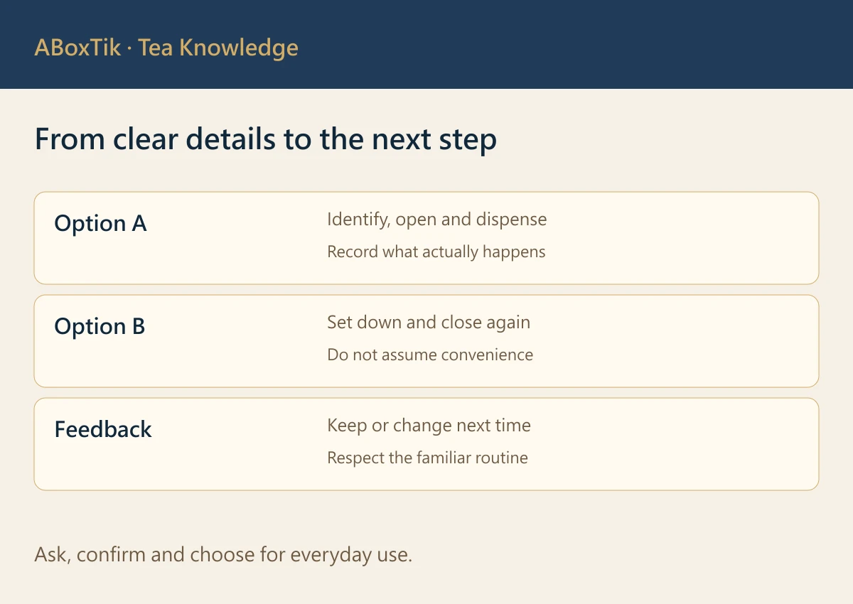 Tea gift packaging comparison card with blank fields for the recipient’s own feedback