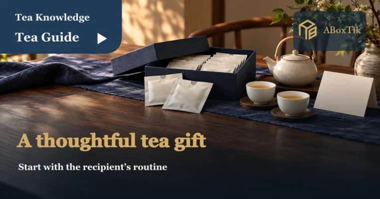 Tea gifts for elders setting with tea packets, cups and a blank brewing card