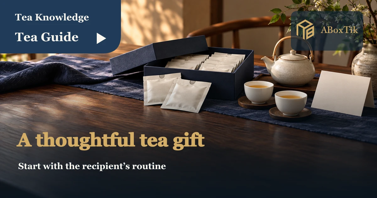 Tea gifts for elders setting with tea packets, cups and a blank brewing card