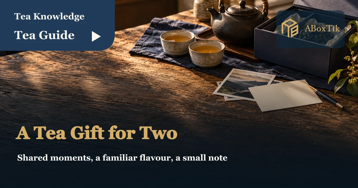 Tea gifts for partners with two cups, a blank card and a travel photograph