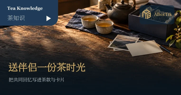 情人茶礼盒旁的两个茶杯、空白卡片与旅行照片