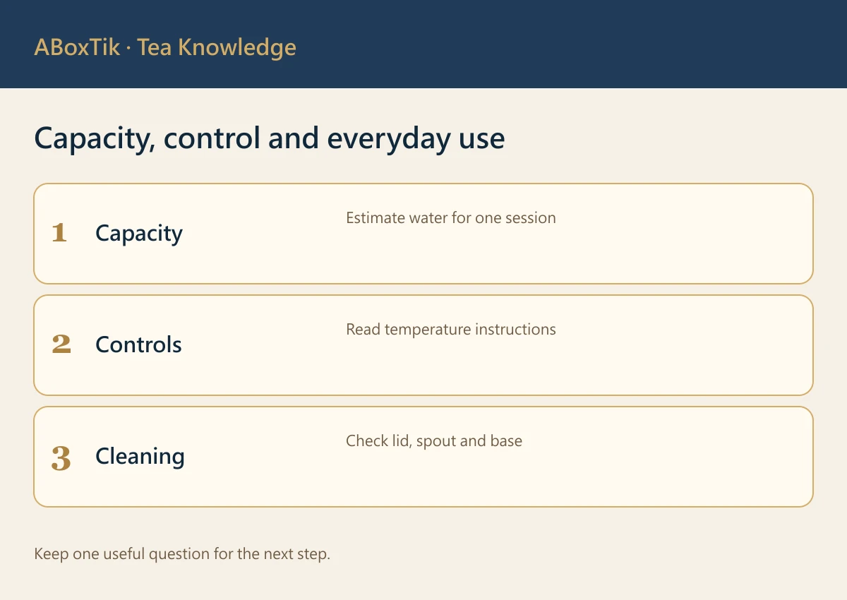 Tea-kettle selection guide for capacity, temperature control, operation and cleaning