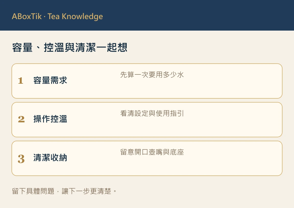 煮水壺怎麼選?容量、材質與控溫需求 - ABoxTik 一盒精品 2 泡茶煮水壺選購圖:容量、操作控溫與清潔收納