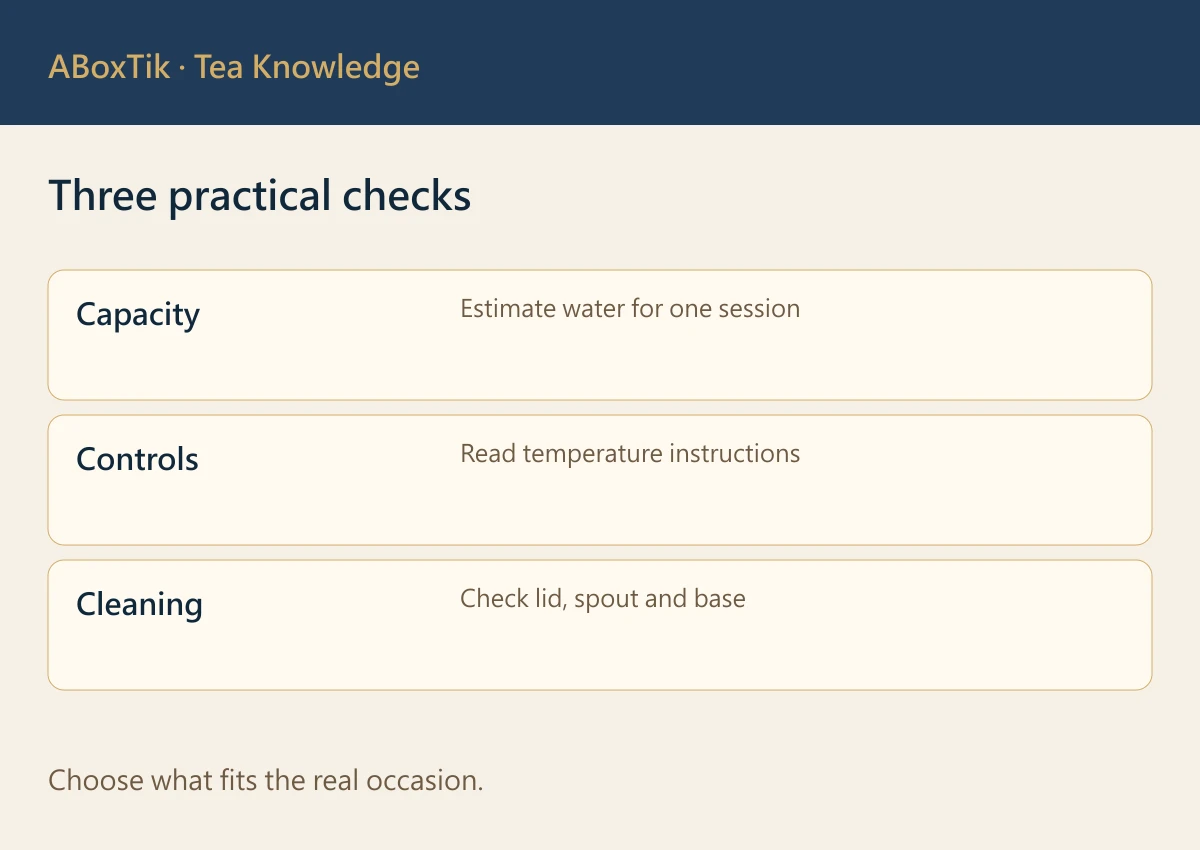 Tea-kettle needs comparison for water use, settings, base, spout and maintenance