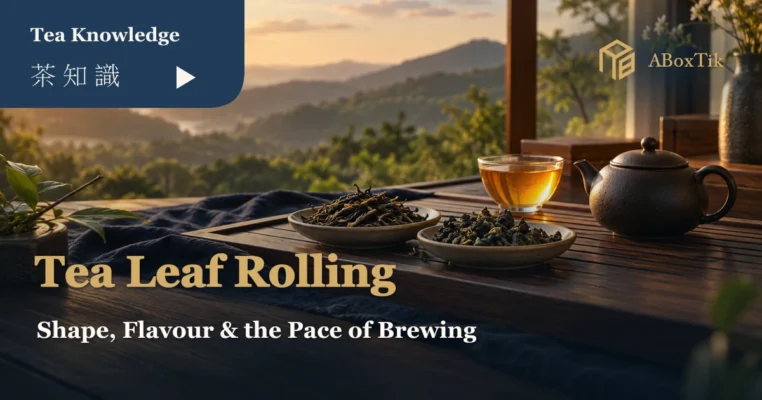 Warm window-side tea setting with twisted and ball-shaped leaves, a ceramic teapot and amber tea
