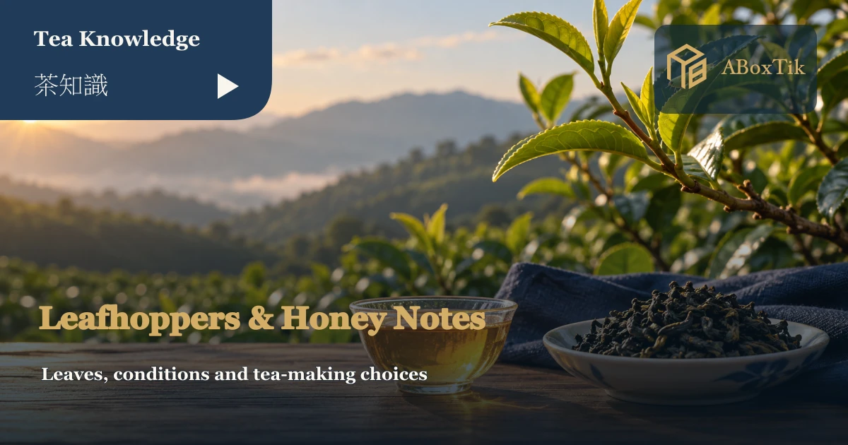 Leafhopper honey aroma tea concept with young leaves, a small green insect and a tea cup