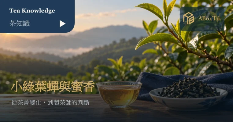 小綠葉蟬蜜香茶情境：嫩葉、小型綠色昆蟲與茶杯