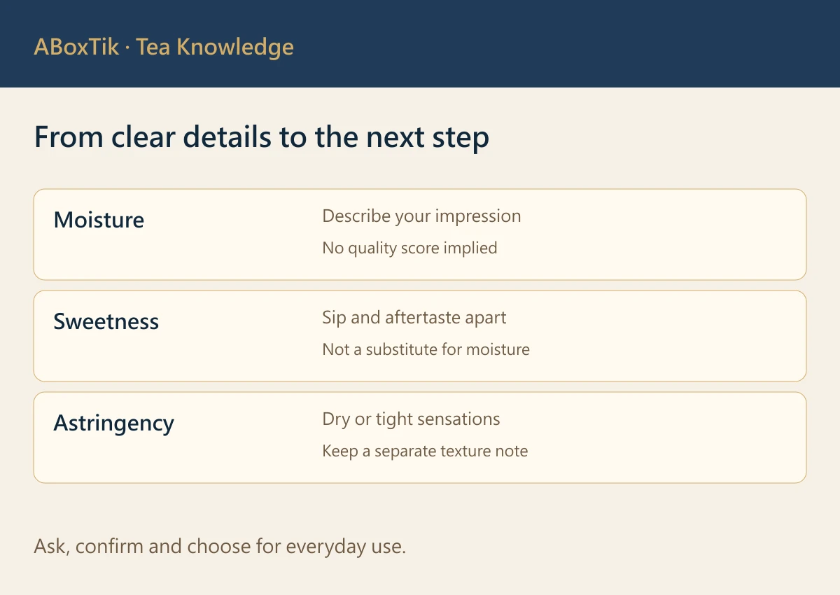 Tea Mouthwatering: How to Observe Changes in Your Cup - ABoxTik 一盒精品 3 Mouthfeel comparison card separating moisture, sweetness and astringency