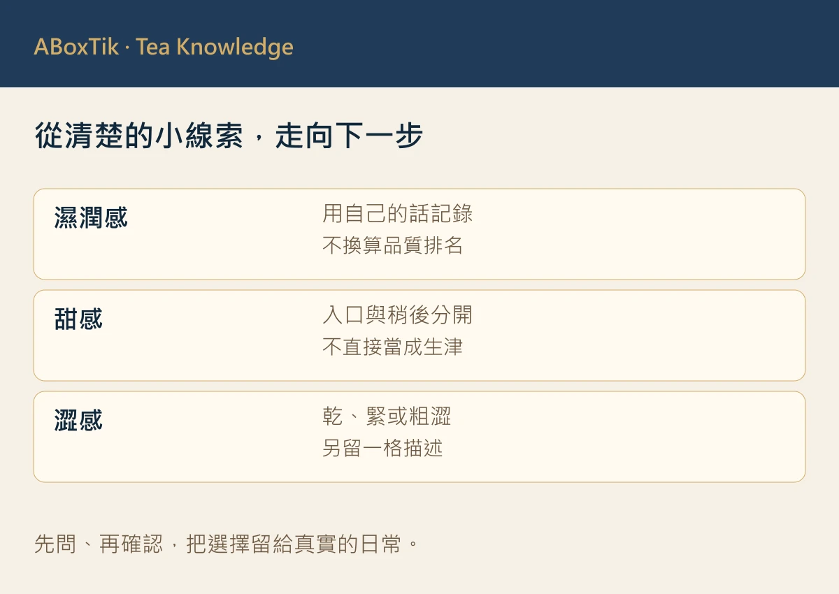 口腔感受分欄圖：濕潤感、甜感與澀感分開記錄