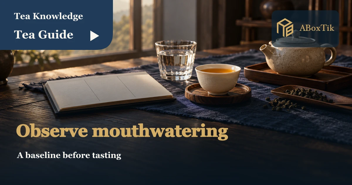 Tea Mouthwatering: How to Observe Changes in Your Cup - ABoxTik 一盒精品 1 Tea mouthwatering observation setting with white tea cup, water and a blank notebook