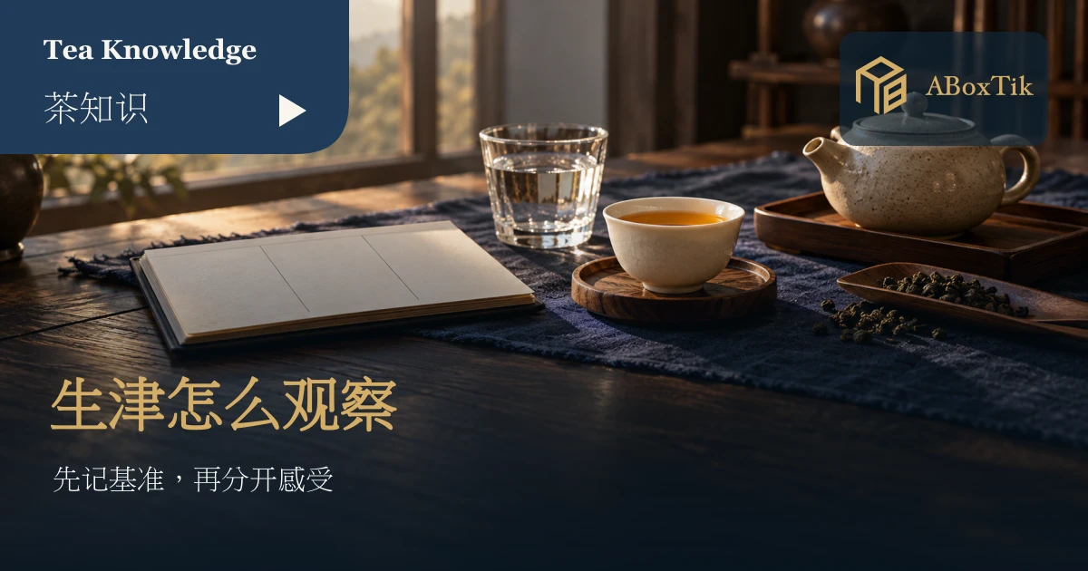白瓷茶杯、清水与空白品饮笔记本构成的茶叶生津观察情境