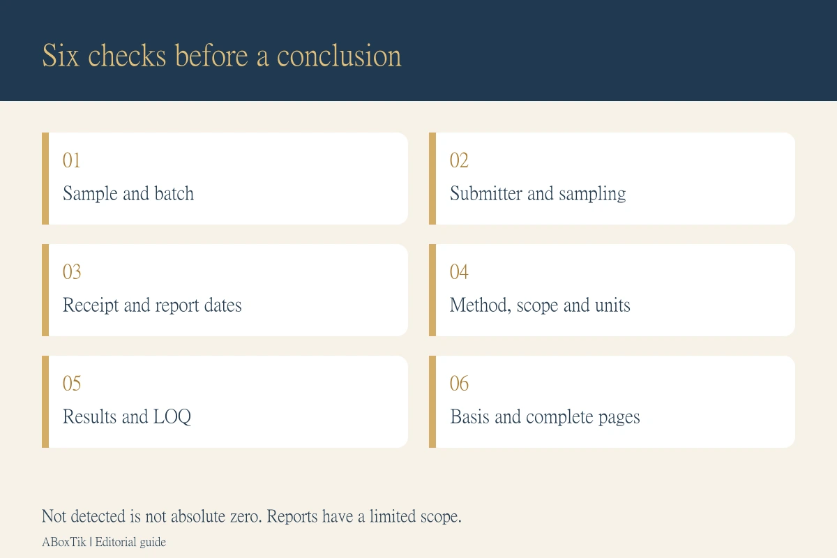 Six fields to check in a tea report: batch, submission, dates, method, quantification limits, and complete pages
