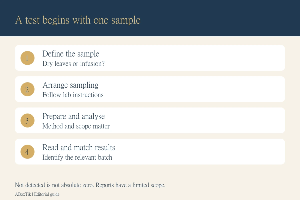 Tea pesticide residue testing workflow from identifying a sample to laboratory analysis and checking the results