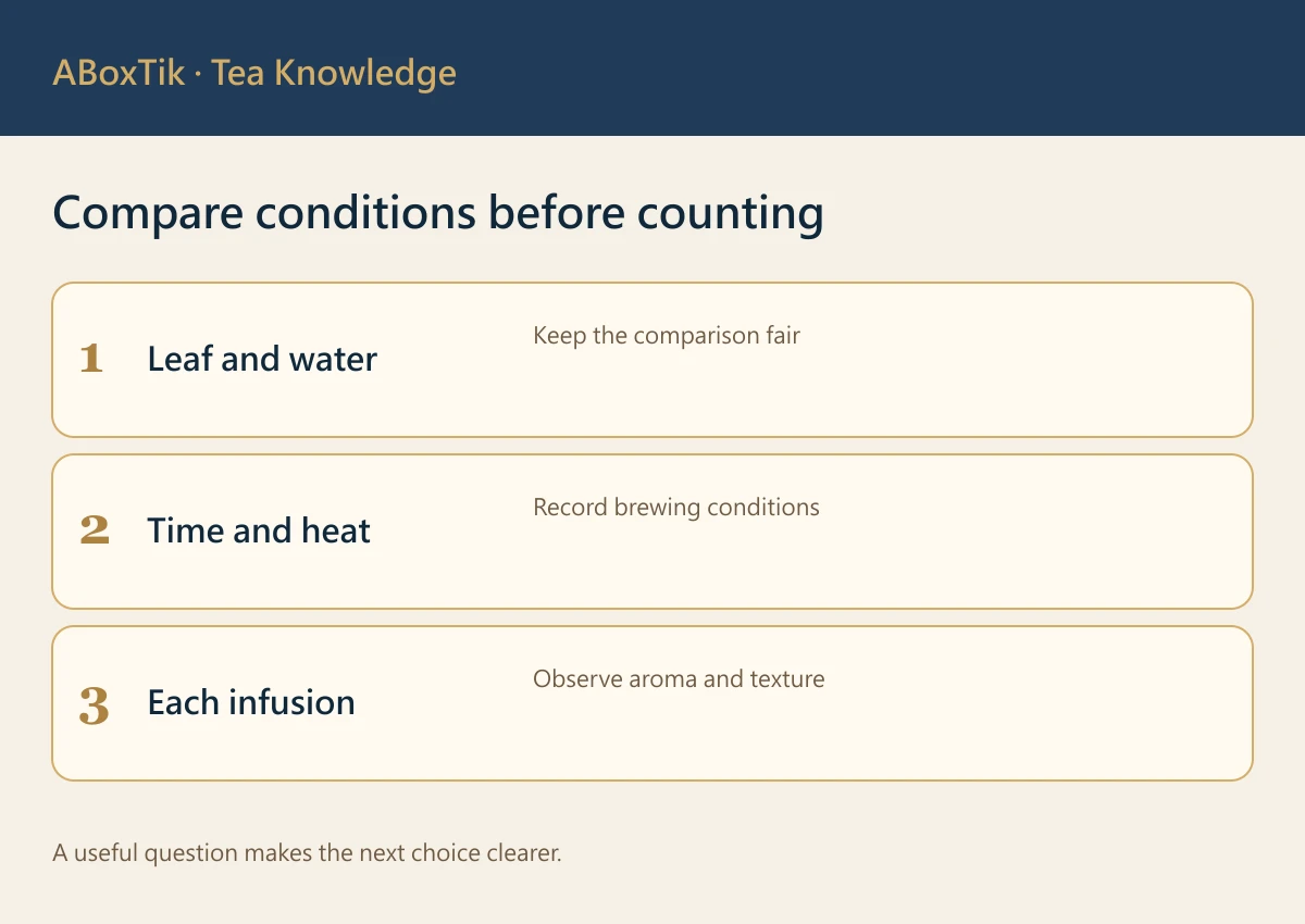 Does Tea Re-steep Well? Quality, Leaves and Brewing - ABoxTik 一盒精品 2 Compare conditions before counting: Leaf and water, Time and heat, Each infusion