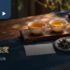 木桌上的三杯茶汤与空白比较卡