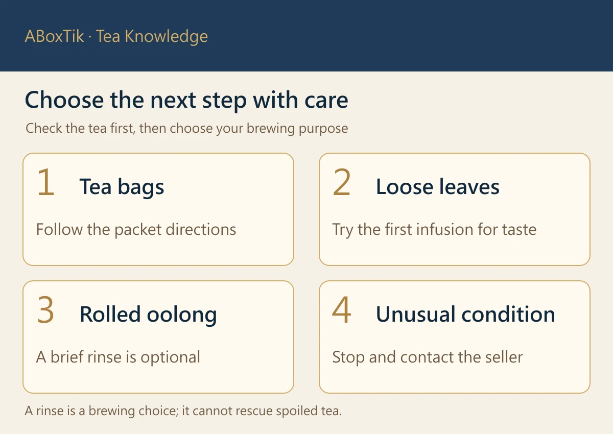 First-infusion choices for tea bags, everyday loose leaf, tightly rolled oolong and abnormal tea condition