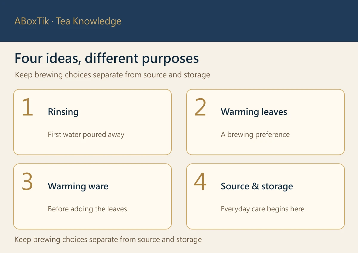 Four tea-rinsing terms: brief leaf rinse, leaf-warming, vessel-warming, and source and storage