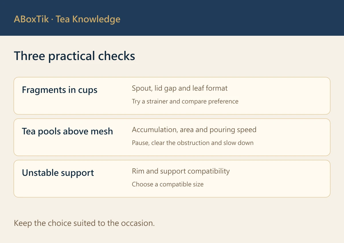 Should You Use a Tea Strainer? Leaves, Flow and Clarity - ABoxTik 一盒精品 3 Three practical checks: Fragments in cups, Tea pools above mesh, Unstable support
