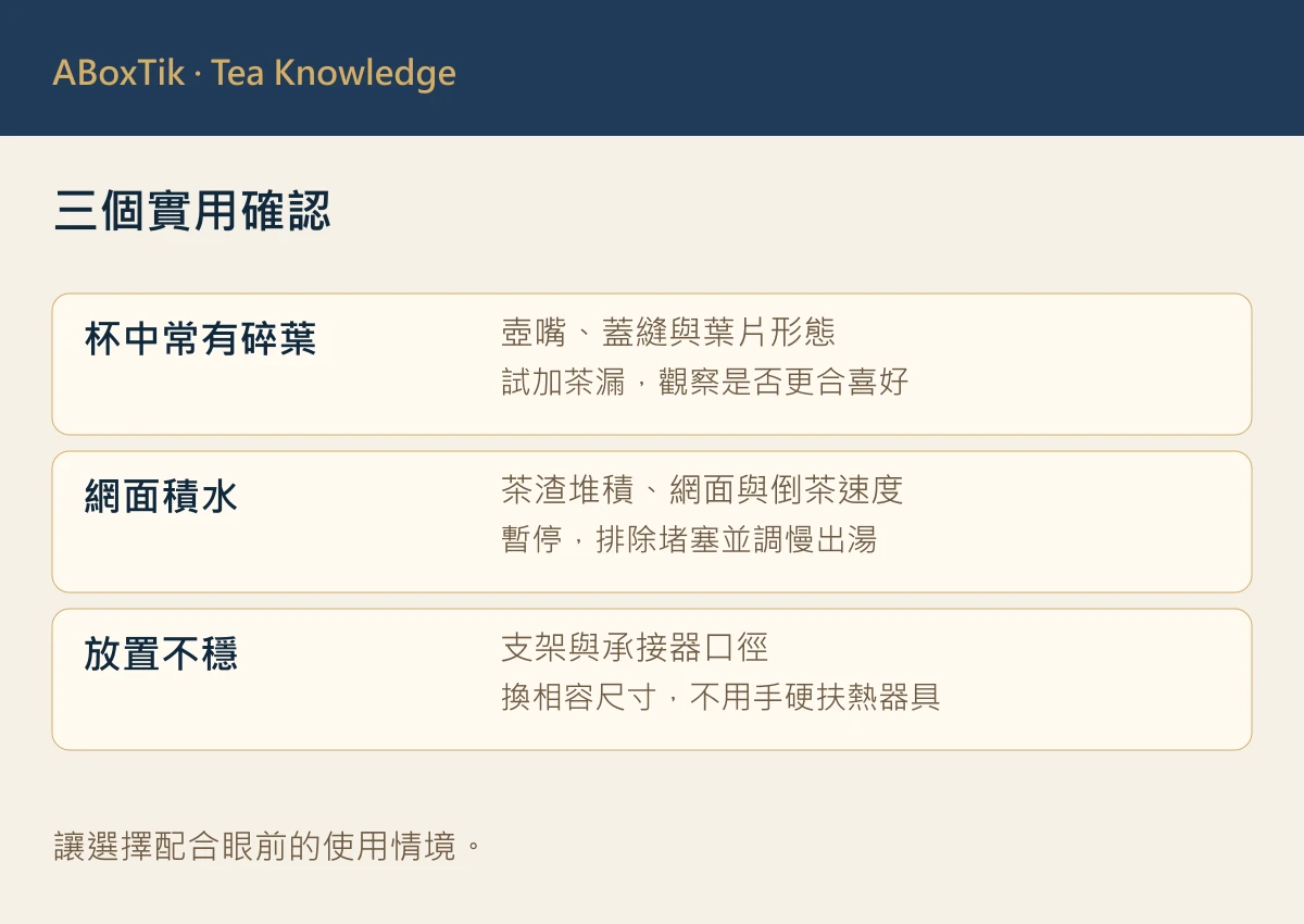 三個實用確認: 杯中常有碎葉, 網面積水, 放置不穩