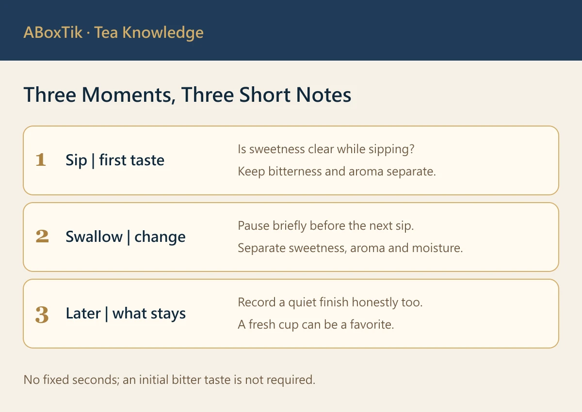 Tea sweet aftertaste observation sequence: first sip, after swallowing and a little later