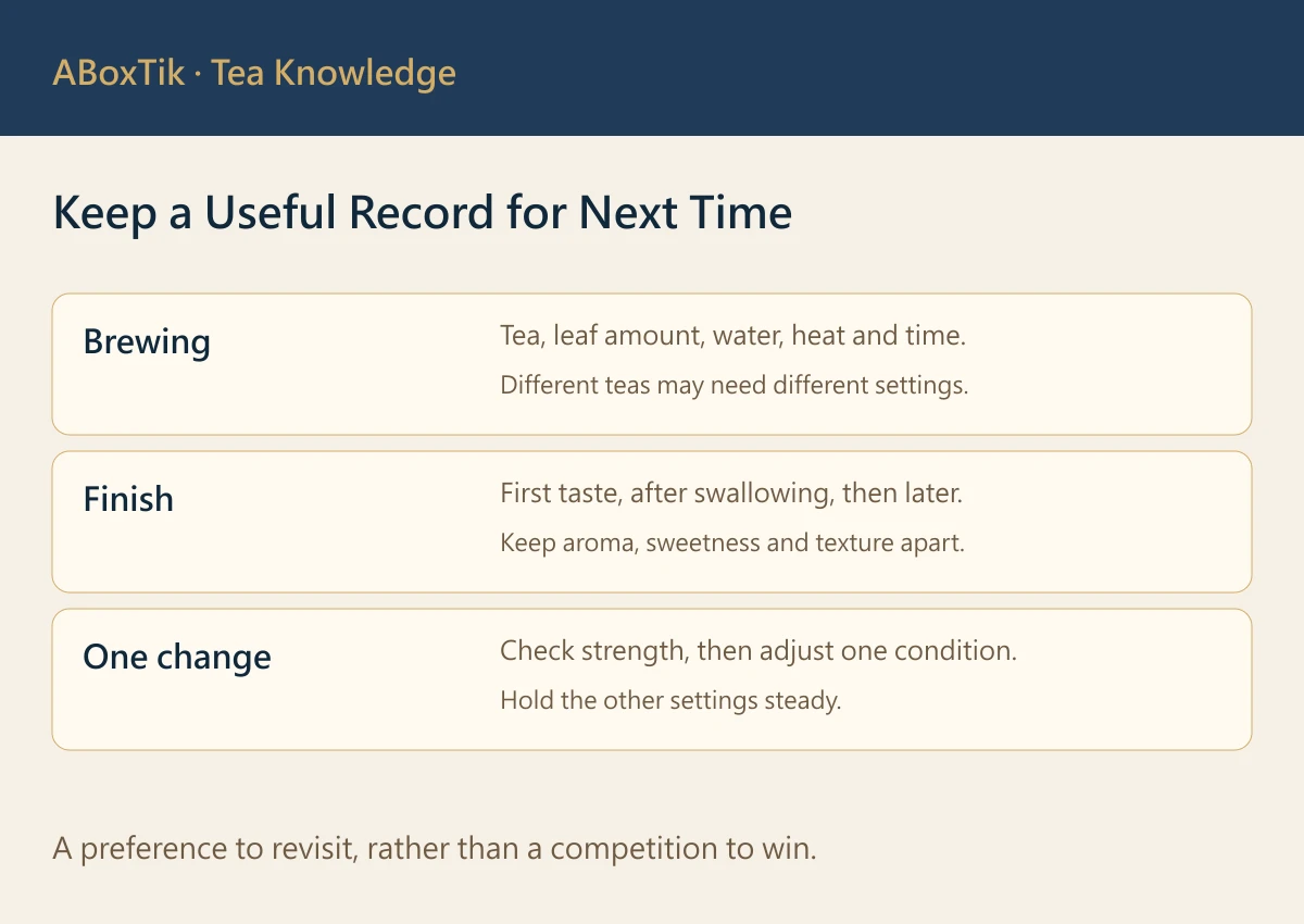 Tea sweet aftertaste comparison note with brewing settings, finish and one next adjustment