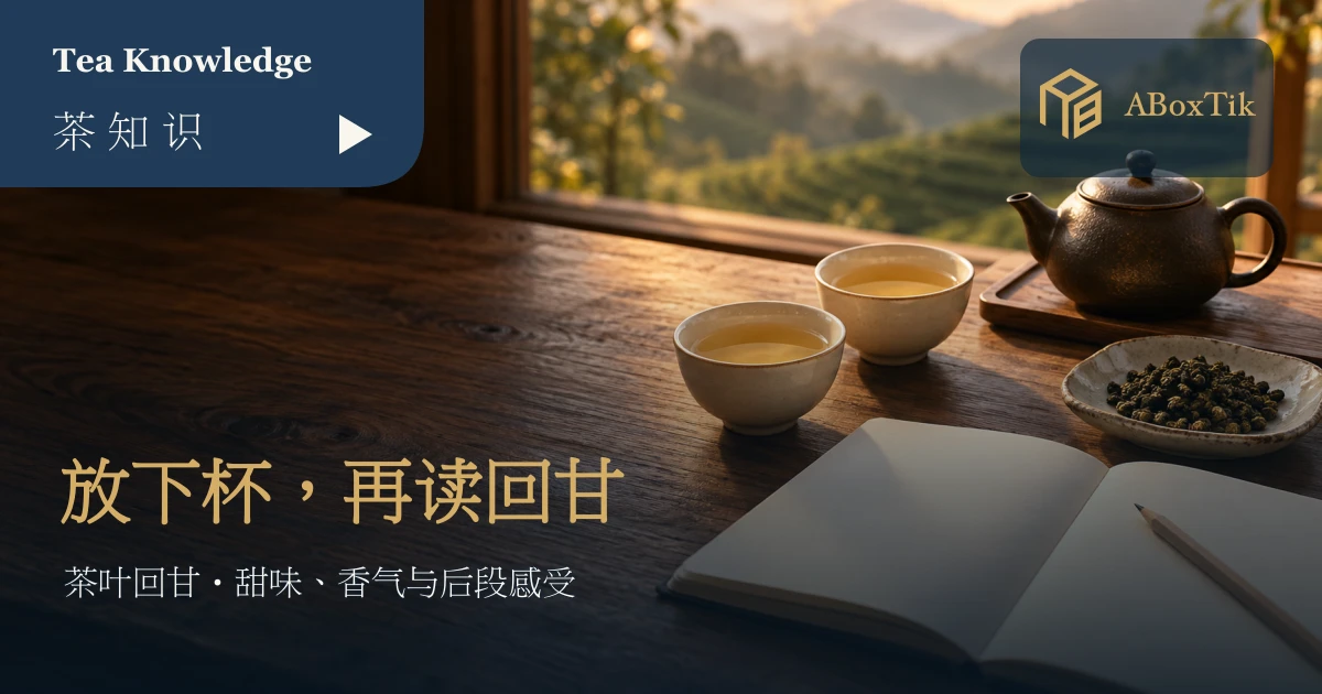 茶叶回甘主题情境：窗边茶杯、茶壶与空白品饮笔记