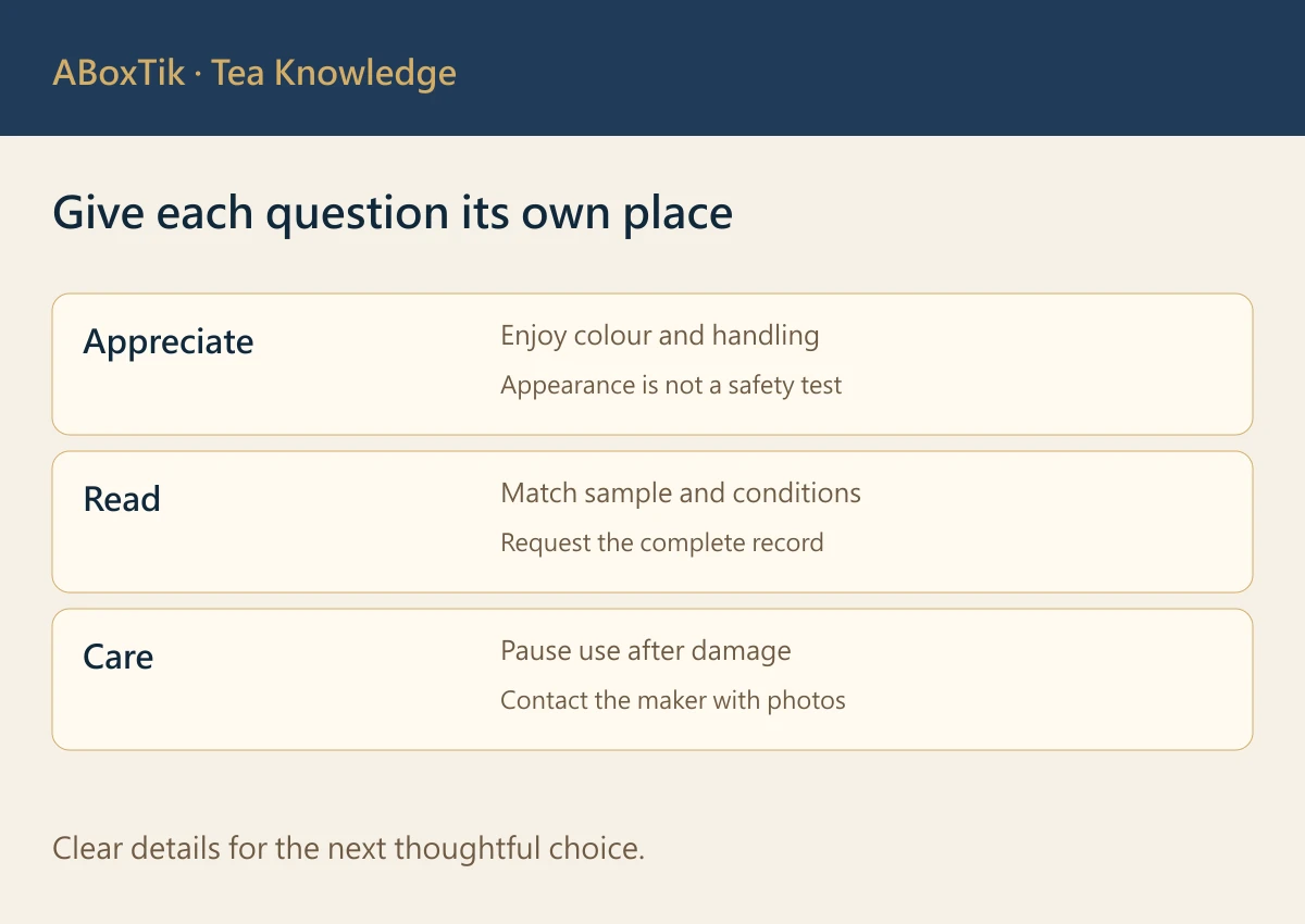 Teaware information card matching the sample, test conditions and care instructions