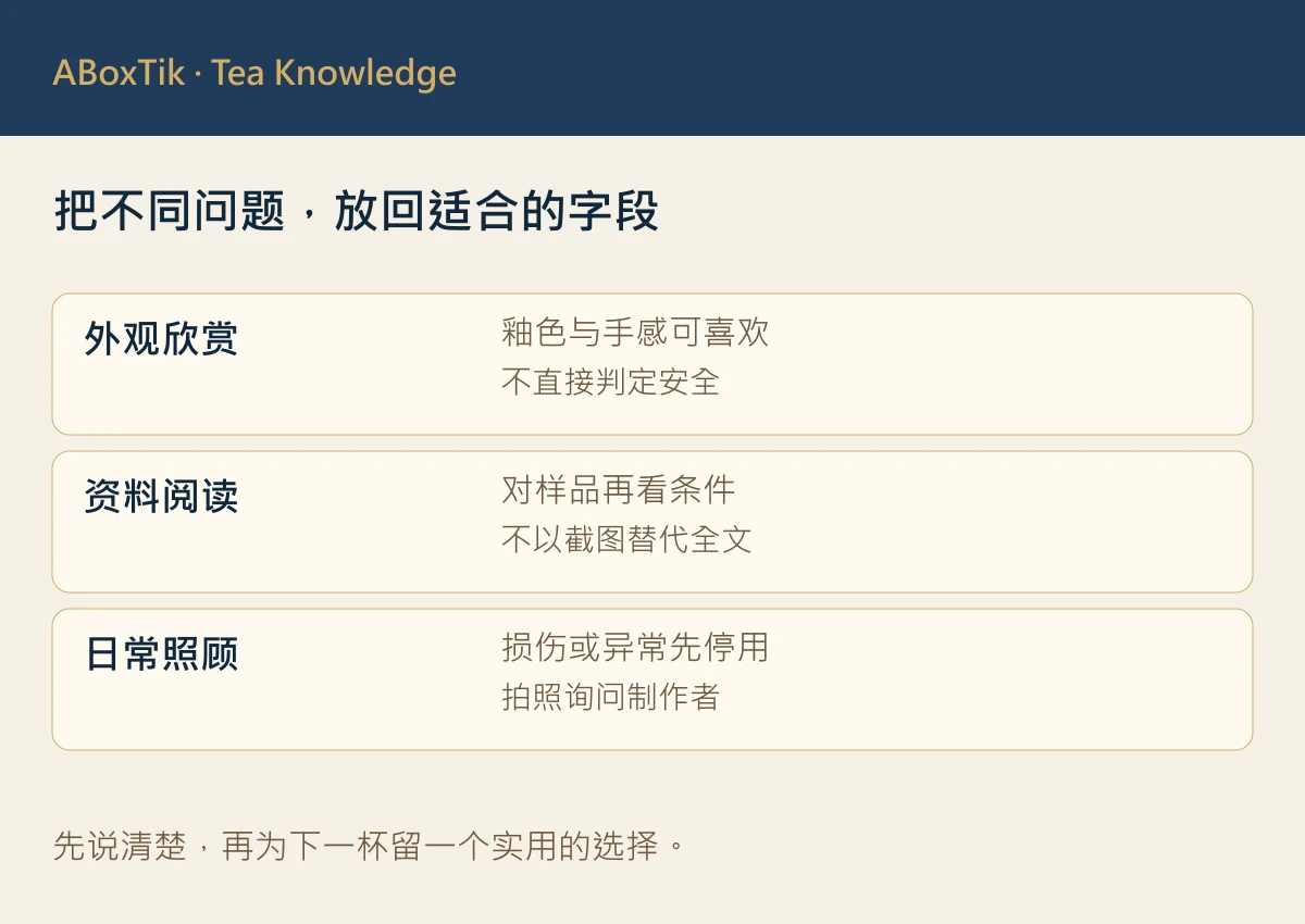 茶器资料对照图：对上样品、阅读检验条件与保留照护信息