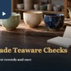 Handmade glazed cups and a teapot with blank maker information cards