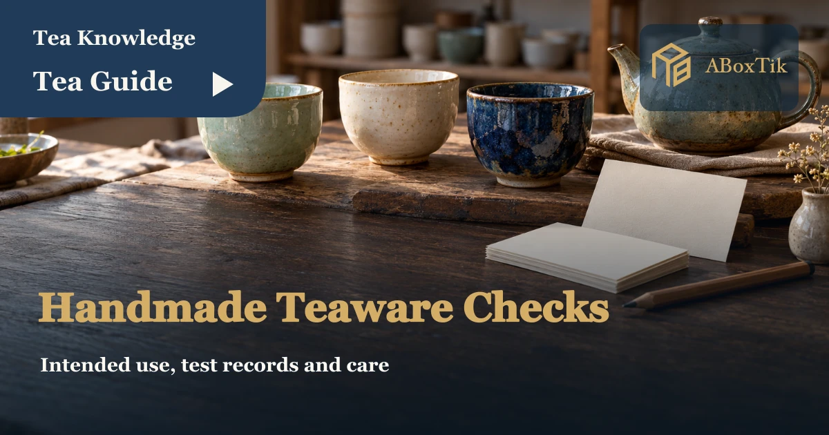 Handmade glazed cups and a teapot with blank maker information cards