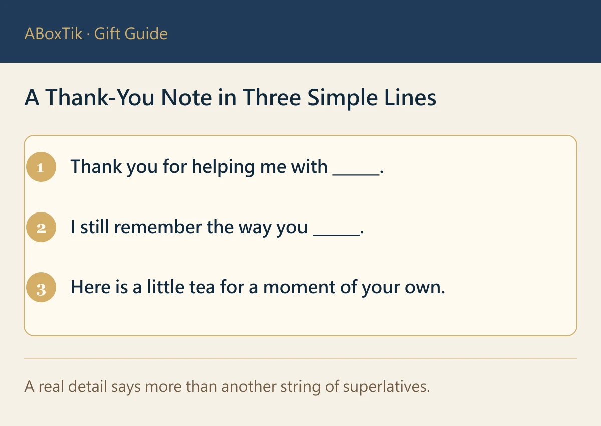 A three-line thank-you card template naming help, a remembered detail and time for tea