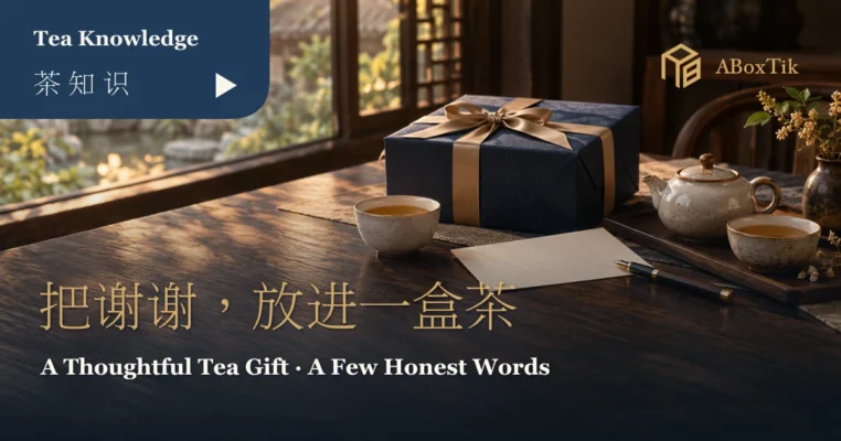 木质茶席上的深蓝礼盒、空白卡片、笔与两杯茶，呈现感谢茶礼盒的送礼场景