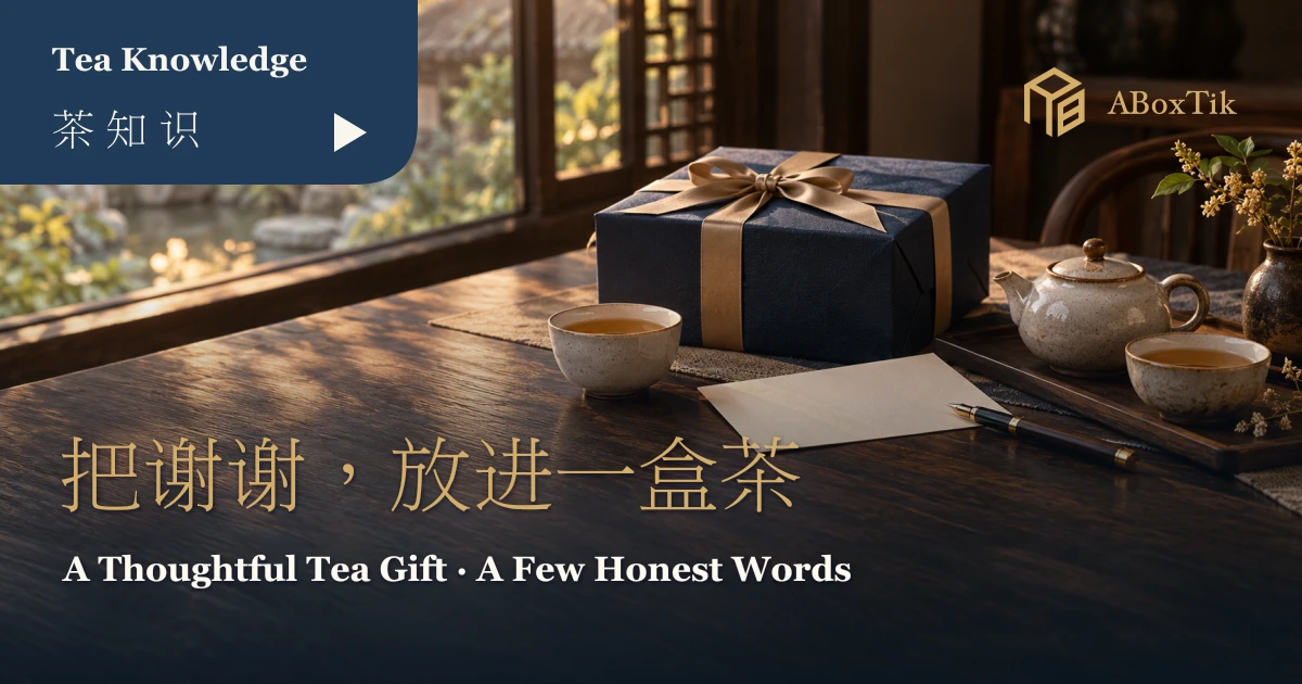 木质茶席上的深蓝礼盒、空白卡片、笔与两杯茶，呈现感谢茶礼盒的送礼场景