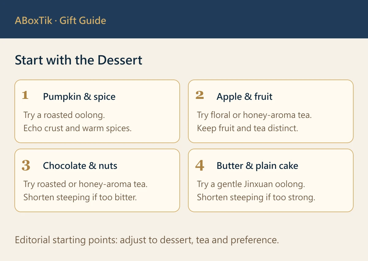 Thanksgiving host gift pairing chart for pumpkin pie, apple pie, chocolate and buttery desserts