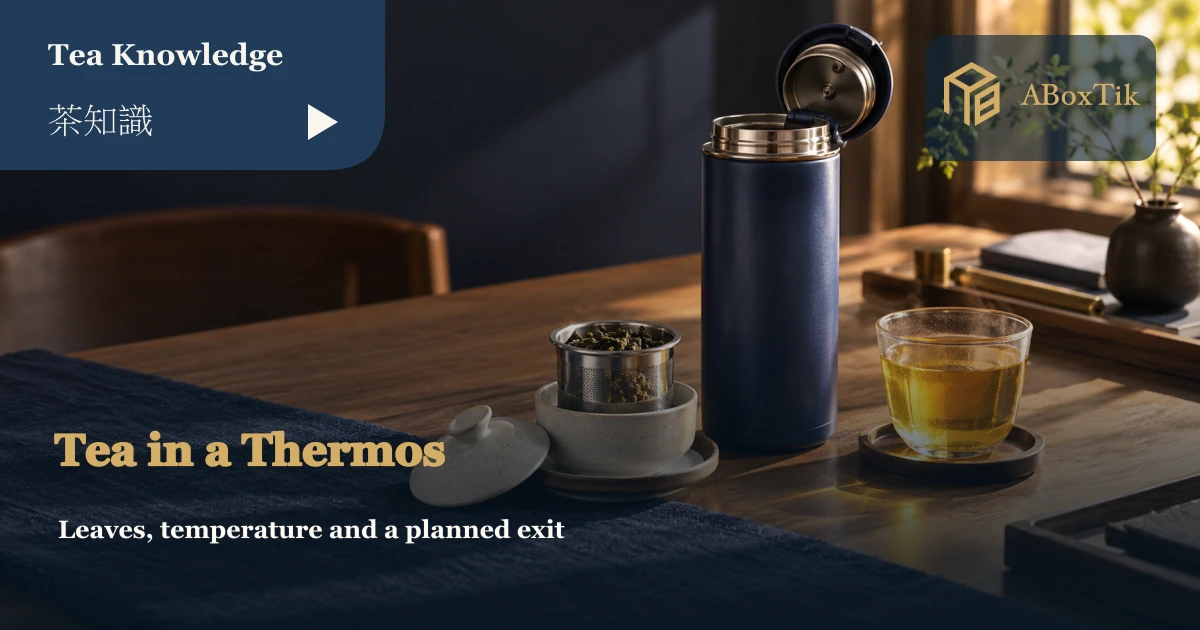 Thermos beside a removed tea basket and cup of tea