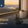 Tea for travel setting with travel mug, infuser and dry tea portions by a window